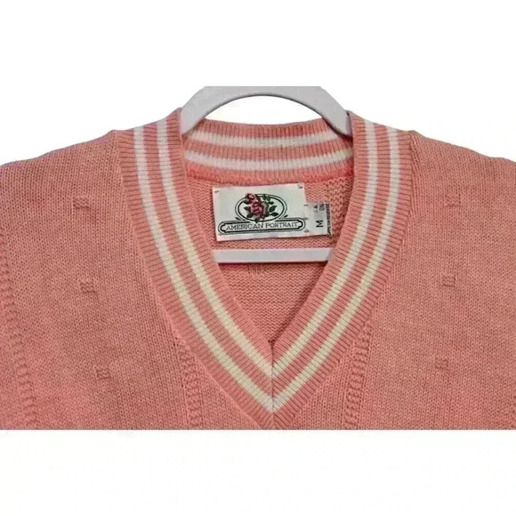 Vintage Sweater Size Medium 100% Cotton Pink Varsity Knit Preppy 80s 90s - Picture 5 of 10